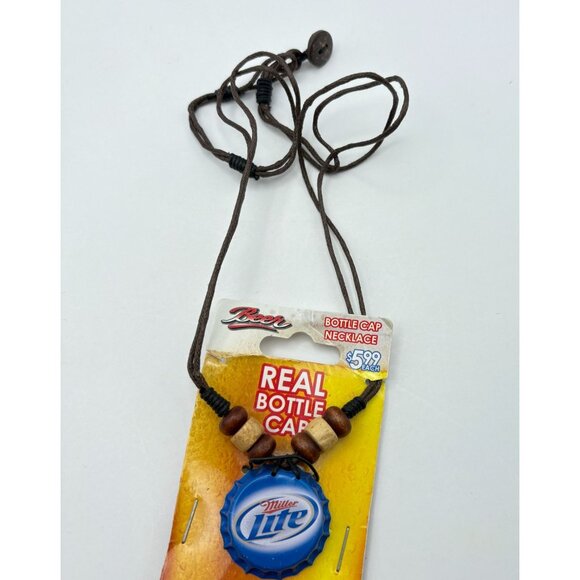 Miller Lite Beer Bottle Cap Necklace Novelty Wooden Beads Adjustable Cord - Picture 2 of 7